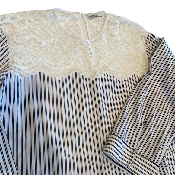 Sandro Navy & White Stripe Lace Detail Tunic Blouse size 2/4 - Picture 3 of 8